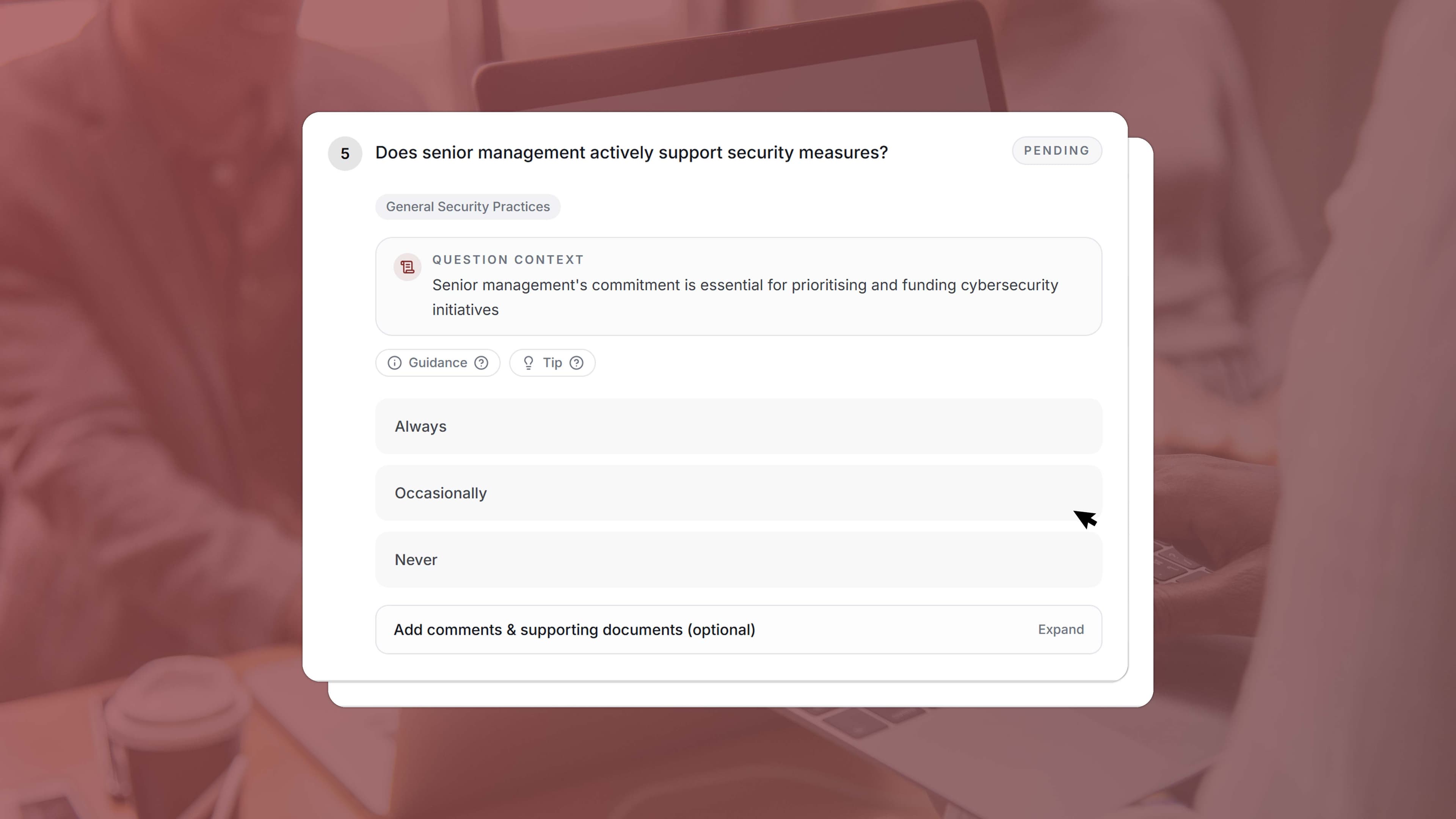 The LiveRisk self-assessment is designed for organisations without a security team.